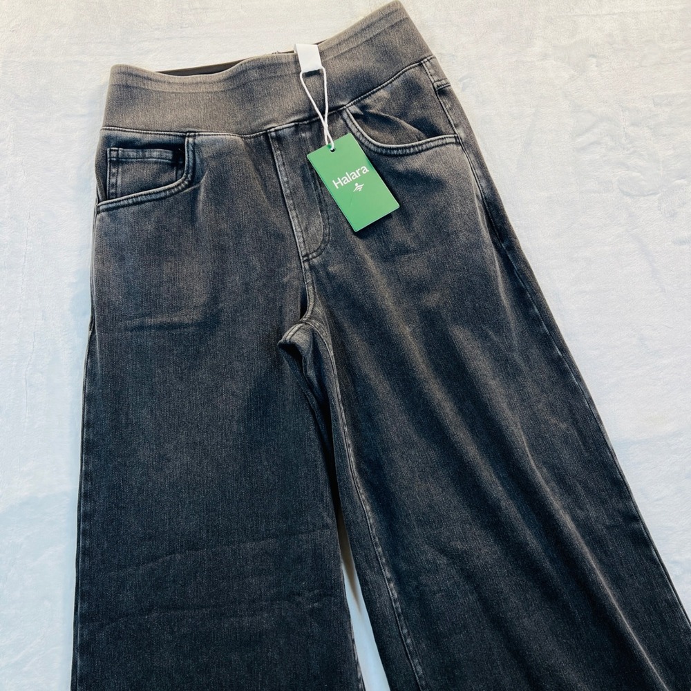 Halara Wide Leg Jeans Acid Washed Black Pull On Denim Pants Size XS Petite